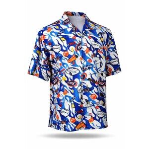 Paco Jeans Button SS Shirt Men's Size M Medium Racing Cars Blue All Over Print